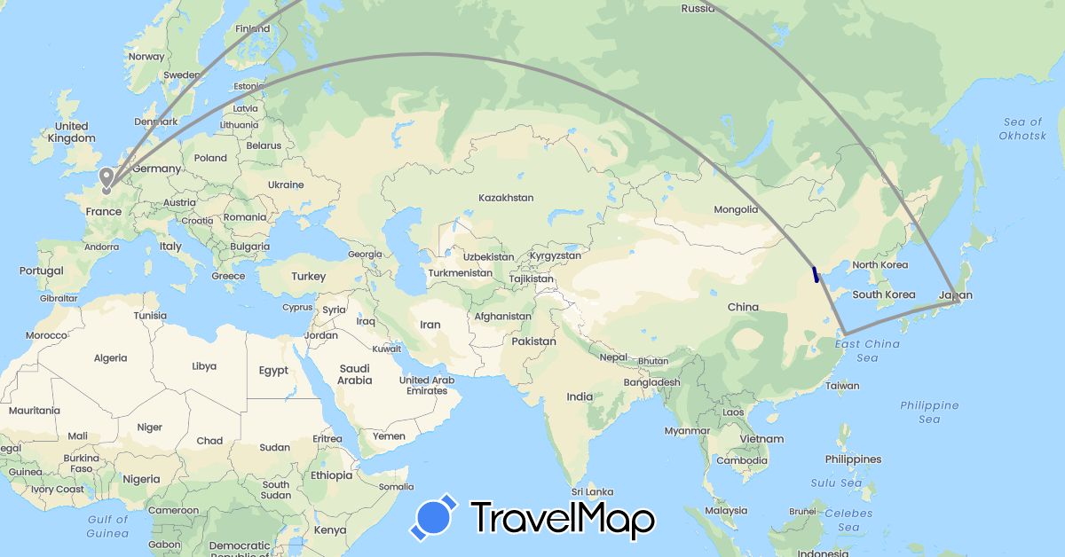 TravelMap itinerary: driving, plane in China, France, Japan (Asia, Europe)